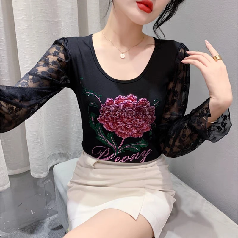 2023 New Autumn Winter European T-Shirt Clothes Women Fashion Sexy Shiny Rose Diamonds Tops Long Sleeve Bottoming Shirt Tees