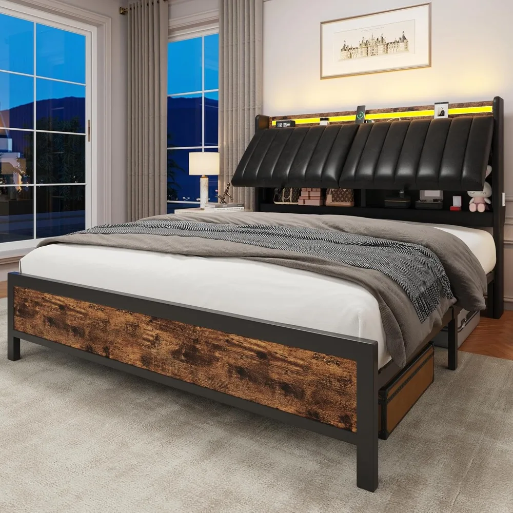 

LED Full Size Bed Frame with Adjustable Backrest Hidden Storage Headboard, PU Leather Upholstered w/Charging Station, Bed Frame