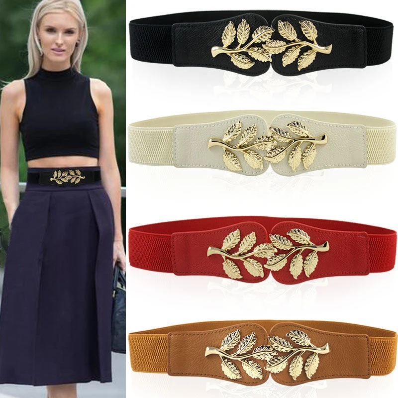 

1Pc Women's Elastic Slimming Belt Retro Metal Leaf Fashion Decorative for Ladies Dress Shirt Windbreaker Leather Waist Sealing