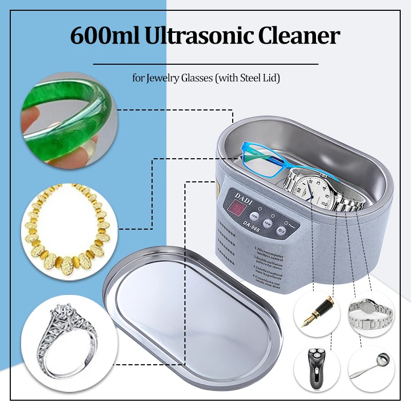 600ML Exquisite Stainless Steel Ultrasonic Cleaner Digital Ultrasound Wave Washing Unit for Jewelry Glasses (with Steel Lid)