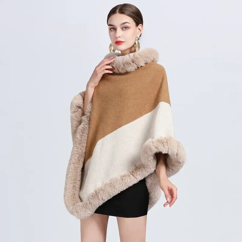 Winter Beige Kameel Contrast Poncho Mantel Konijnenbont Mantel Vrouwen Driehoek Mode Cape Losse Truien Outstreet Sjaal Overjas