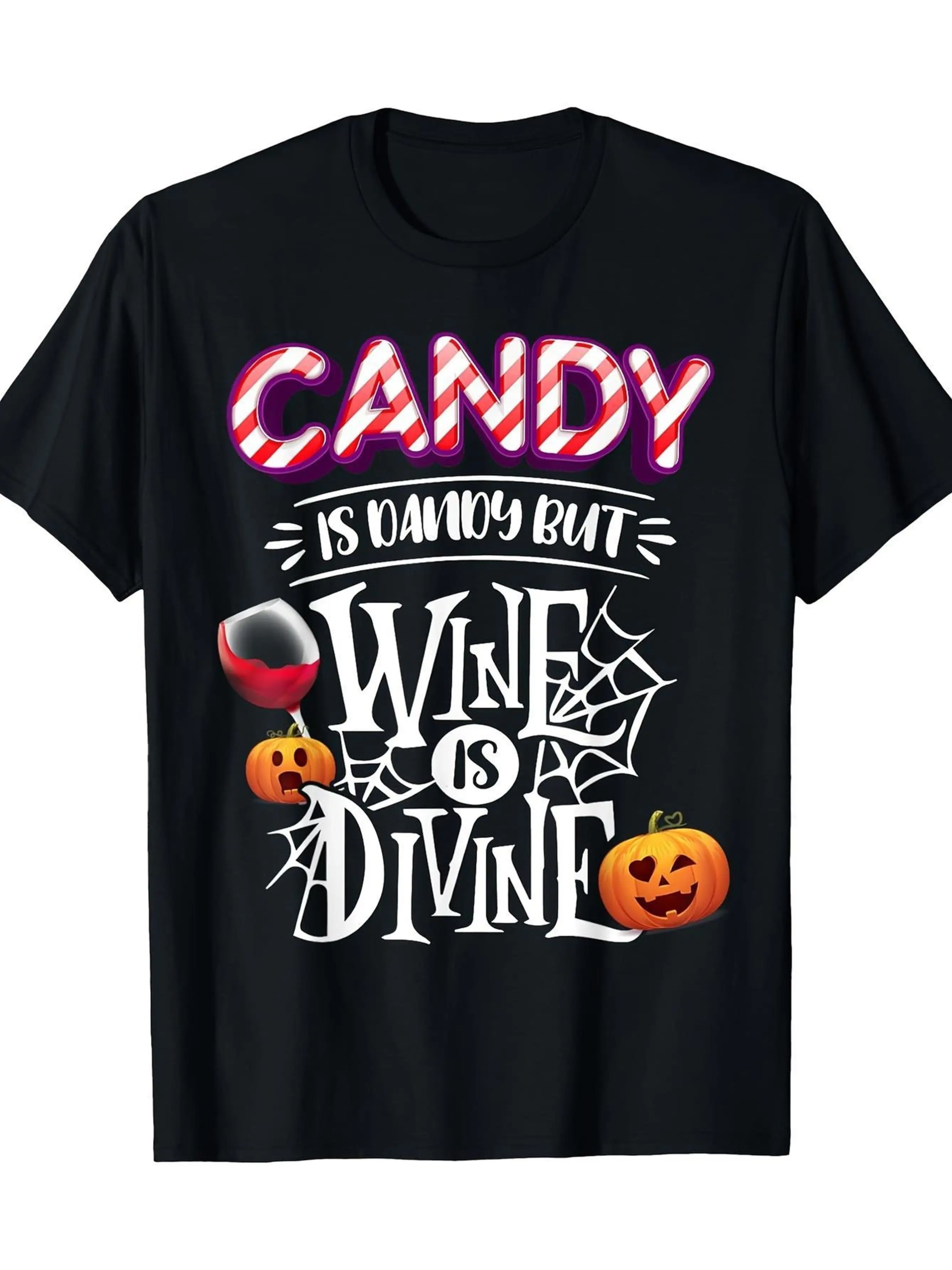 T-shirt casual da uomo in cotone divertente: la caramella è deliziosa ma il vino è sacra. Costume di Halloween - Morbido 100% cotone, estivo