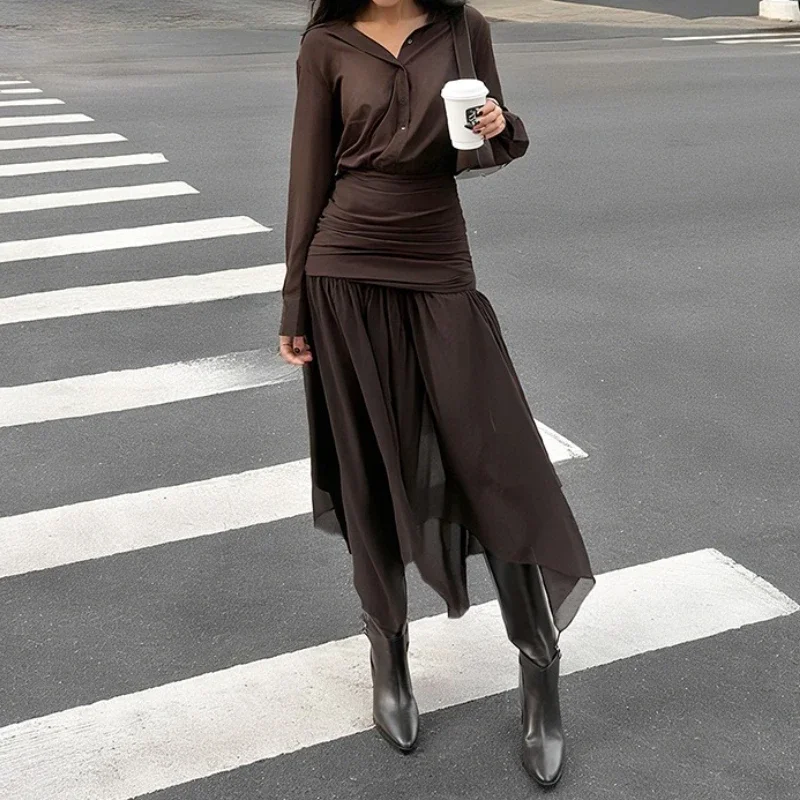 فستان قميص بأكمام طويلة مع طيات المرأة الصلبة موضة شبكة الربط التلبيب أزرار سليم مثير عالية الخصر فستان الخريف #3