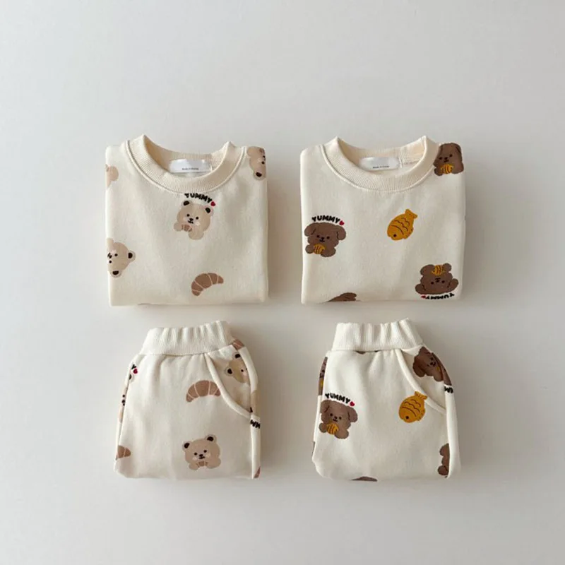 2024 Spring 2PCS Cute Kids Boys Girls Track Suit Cartoon Bear Print Hoodie and Pants Outfit Clothing Girls Sports Set For 1-7y