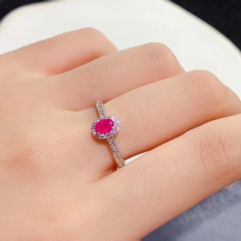Pure 925 Silver Ring Natural Ruby Ring 3mm*5mm 0.3ct Myanmar Ruby Jewelry with 18K Gold Plating