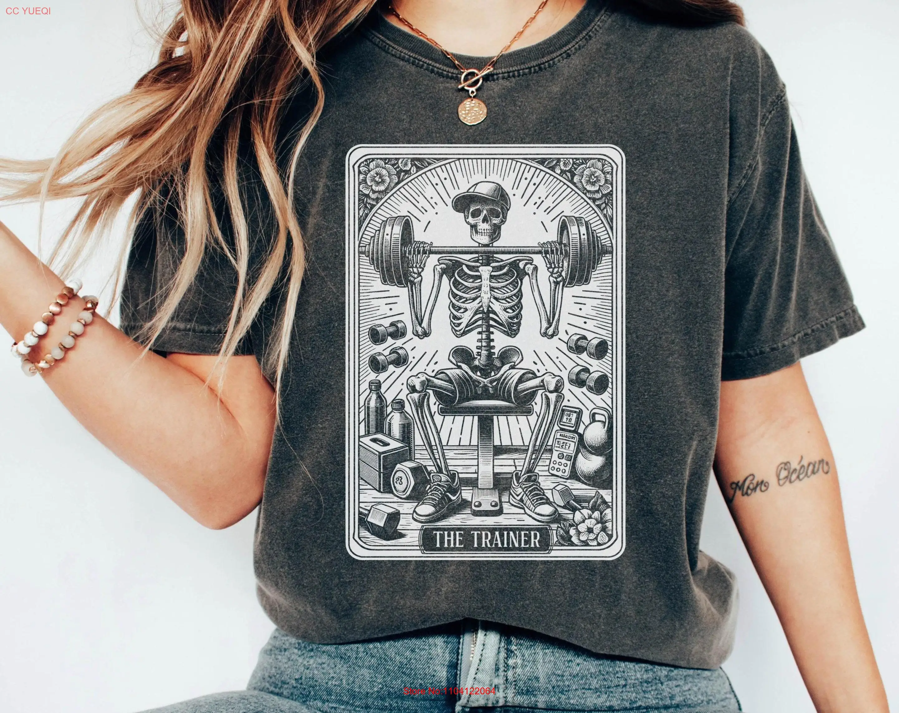 

Funny Trainer Halloween T Shirt Tarot Card Gym Girl Physical Skeleton Astrology Fitness long or short sleeves