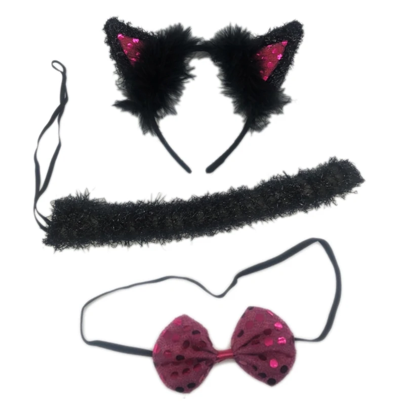 Animal Fancy Dress Set Plush Cat Ears Headband, Bowtie and Cat Tail Set HXBA