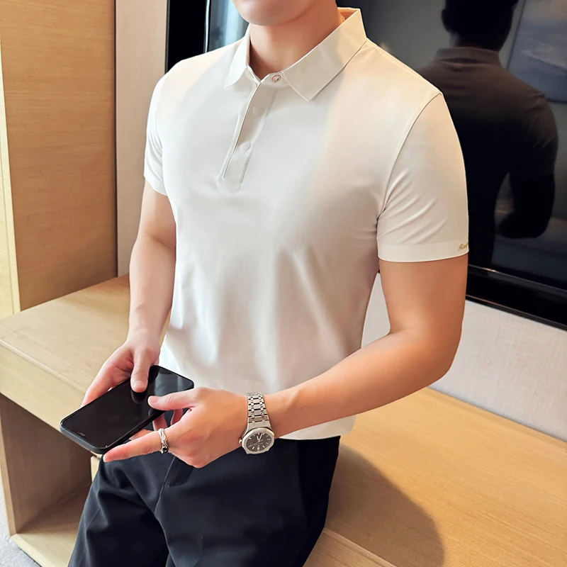 

Summer Short Sleeved Polo T-shirt Men Seamless Ice Silk Casual Business Polo Shirts Elastic Comfortable Office Social Polos