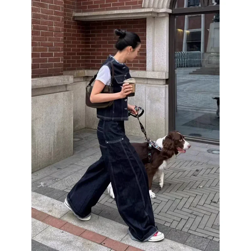 

Korean Fashion Clothing Retro Denim Two Piece Set Women Outfits Spring and Summer Denim Vest Slimming Short Top Wide Leg Pants