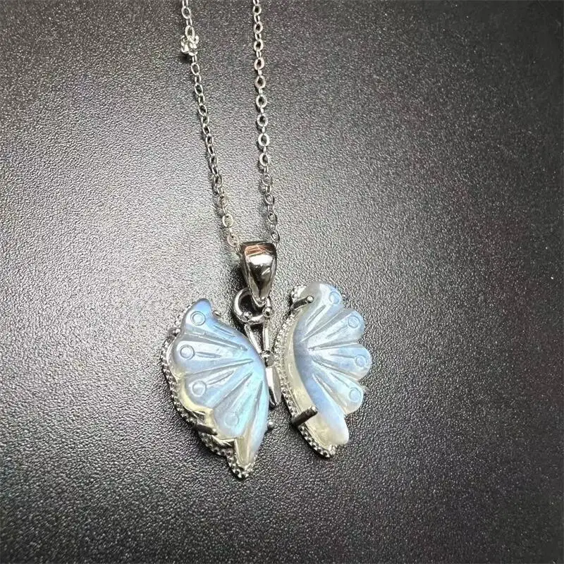 

S925 Natural Blue Moon Stone Butterfly Pendant Reiki Healing Fengshui Stone Home Room Decoration Exquisite Gift 1PCS