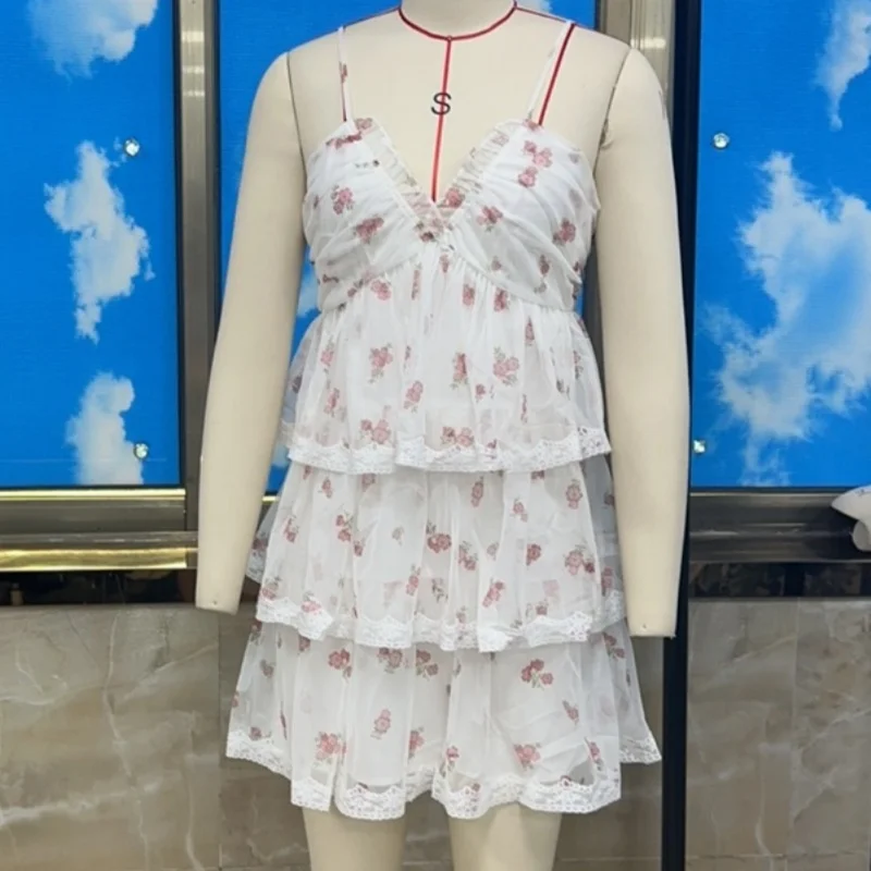 Feminino y2k boho plissado bolo mini vestido floral impressão cinta de espaguete vestidos curtos elegante em camadas pescoço quadrado sem mangas vestido de verão