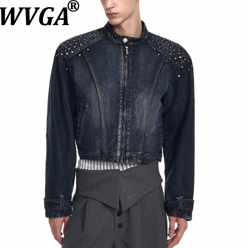 

WVGA Spring Autumn New Man Tide Rivet Denim Short Jacket Washed Vintage Trendy Padded Shoulder Niche Chic Casual Coat Ins W12227