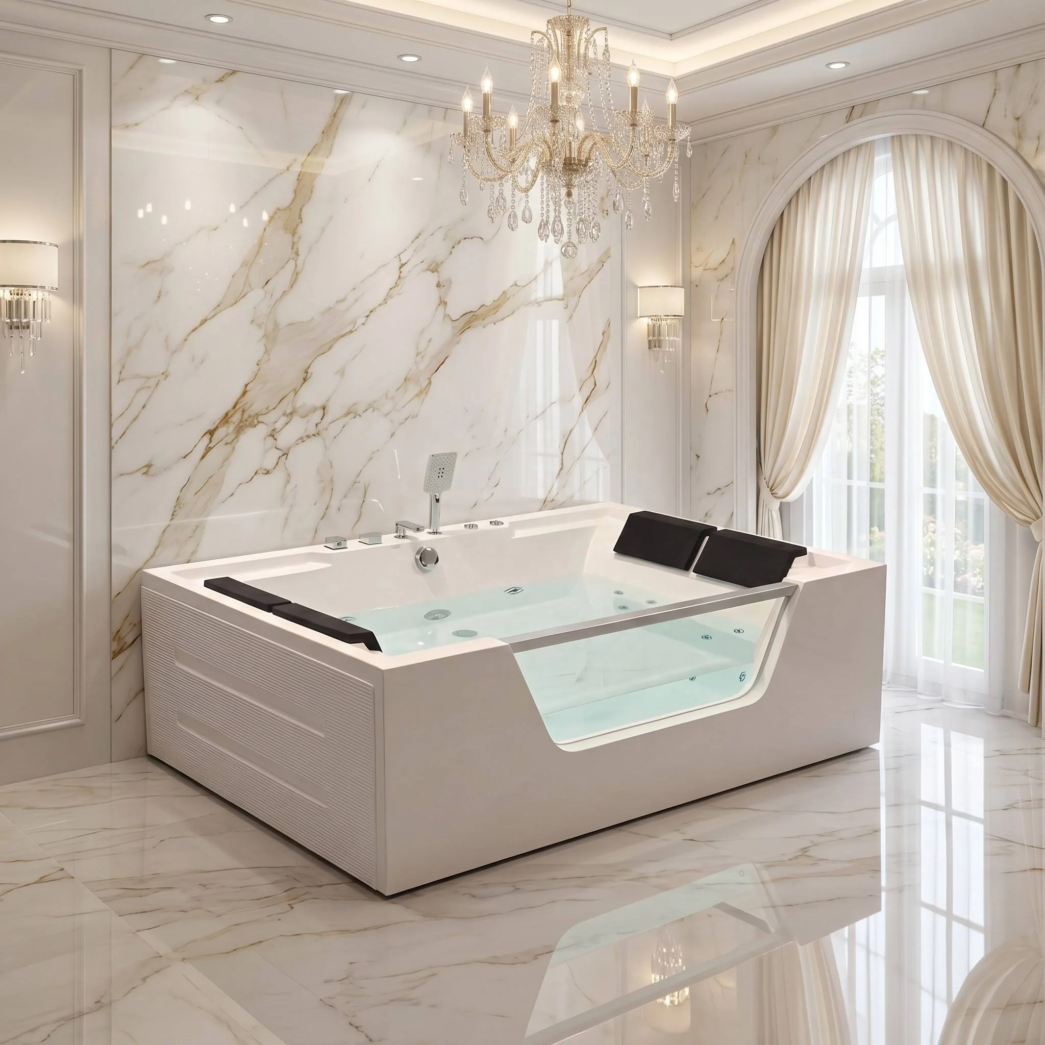 Deluxe Double White Acrylic Jacuzzi CE Standard Whirlpool Bath With Waterfall Faucet And LED Lights