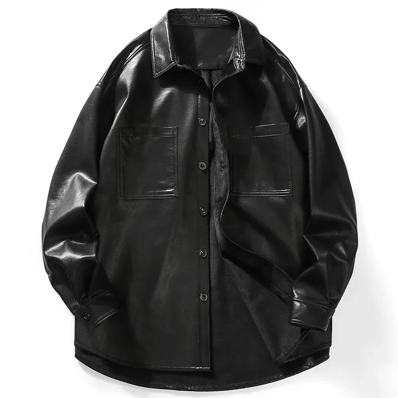 

Single-Breasted Leather Clothing Men Winter New Men Fashion Faux Leather Shirt Coat Large Pocket Casual All-Matching Jacket