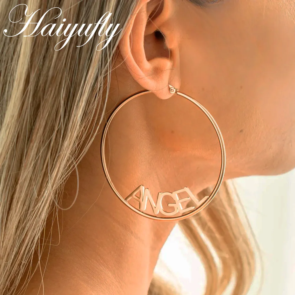 Haiyufly Personalized Custom Name Earring for Women Girls Stainless Steel Hoop Earrings Letter Nameplate Birthday Jewelry Gift