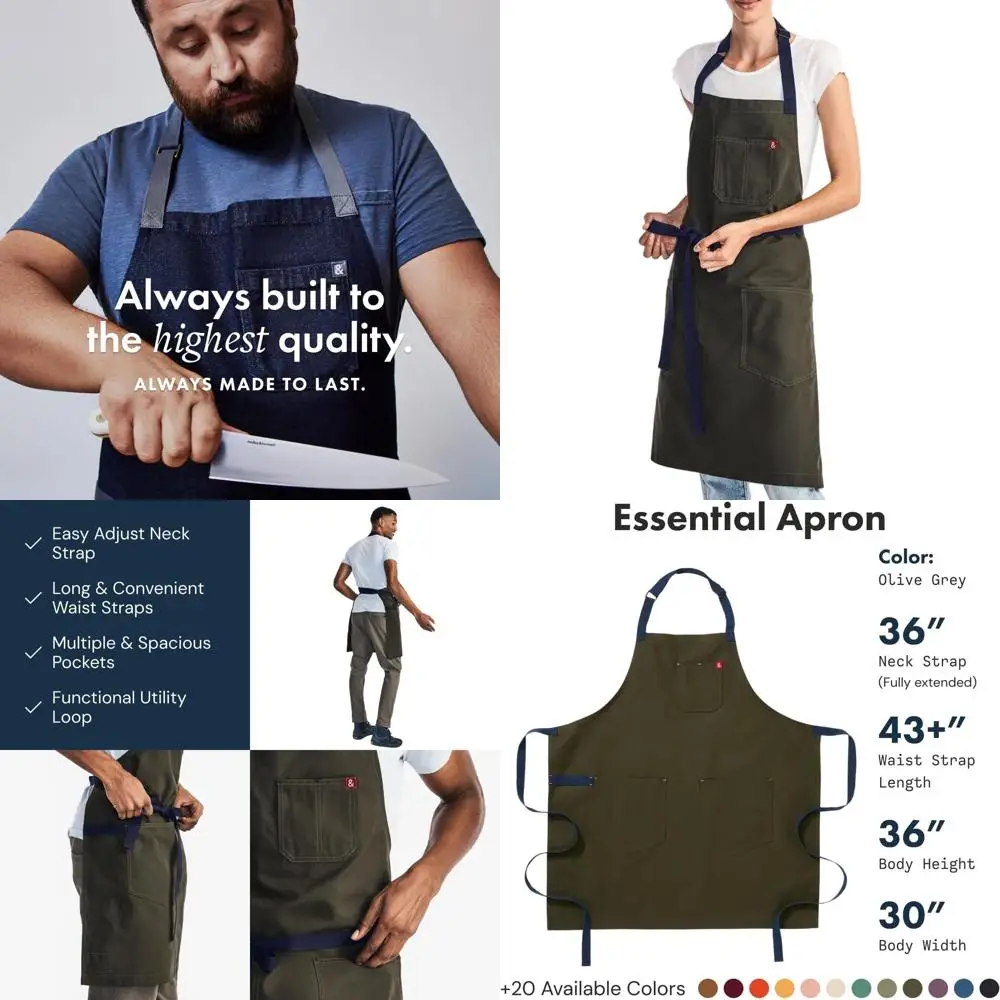 

Легкий хлопковый фартук из канваса с карманами и петлей для полотенца – профессиональная рабочая одежда для поваров или для приготовления барбекю – оливковый