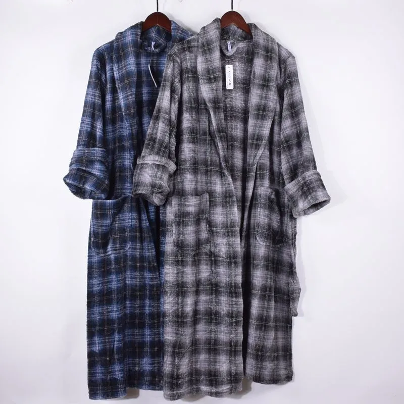 Pajamas For Men Autumn Long Sleeve Thin Coral Velvet Robe Plaid Bathrobe Leisurely Nightgown
