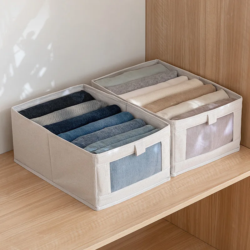 Linen Storage Bins Storage Containers for Organizing Clothing, Jeans, Toys, Books Closet Organizers Storage Baskets with Window