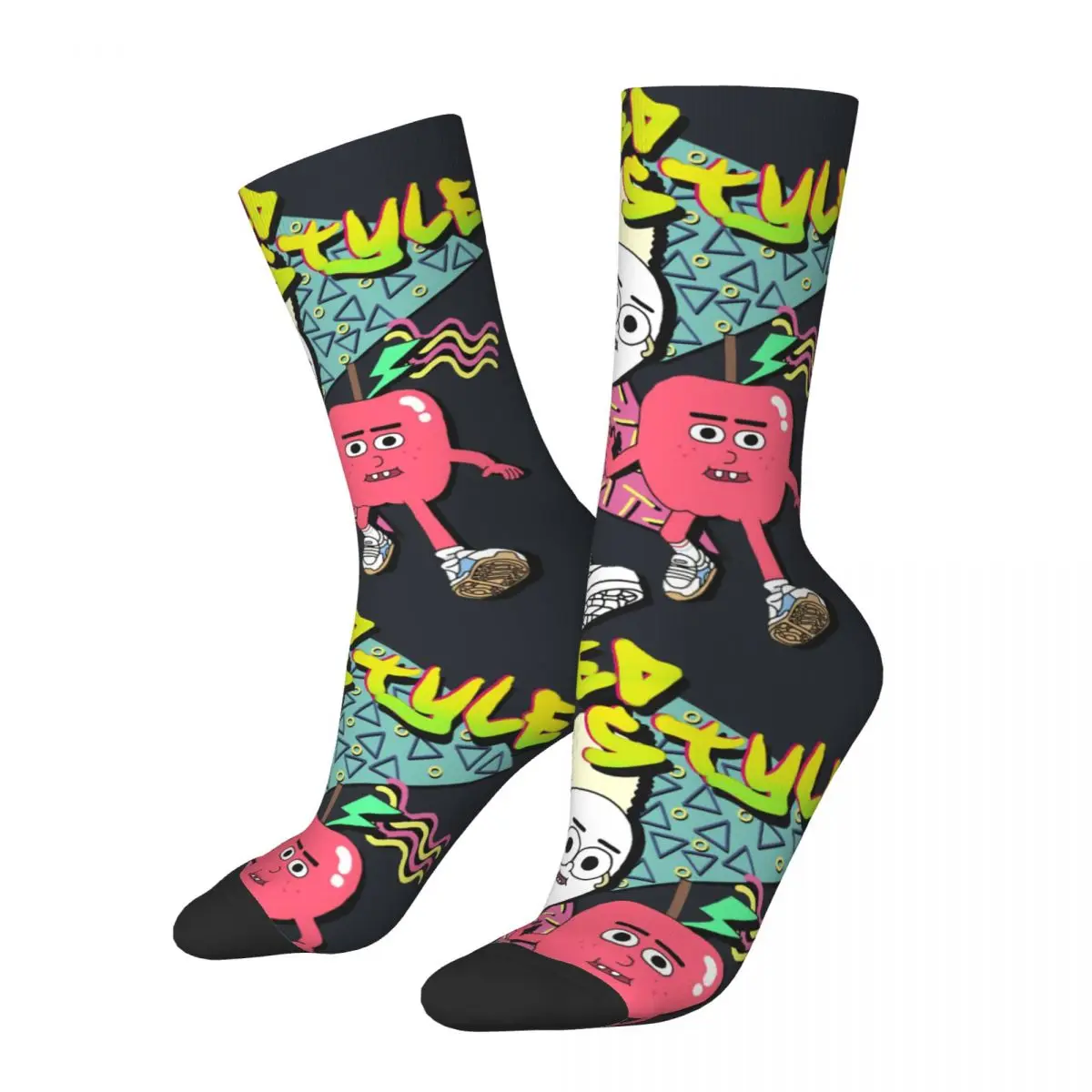 Funny Crazy compression Team Sock for Men Hip Hop Harajuku Apple And Onion Happy Seamless Pattern Printed Boys Crew Sock Novelty