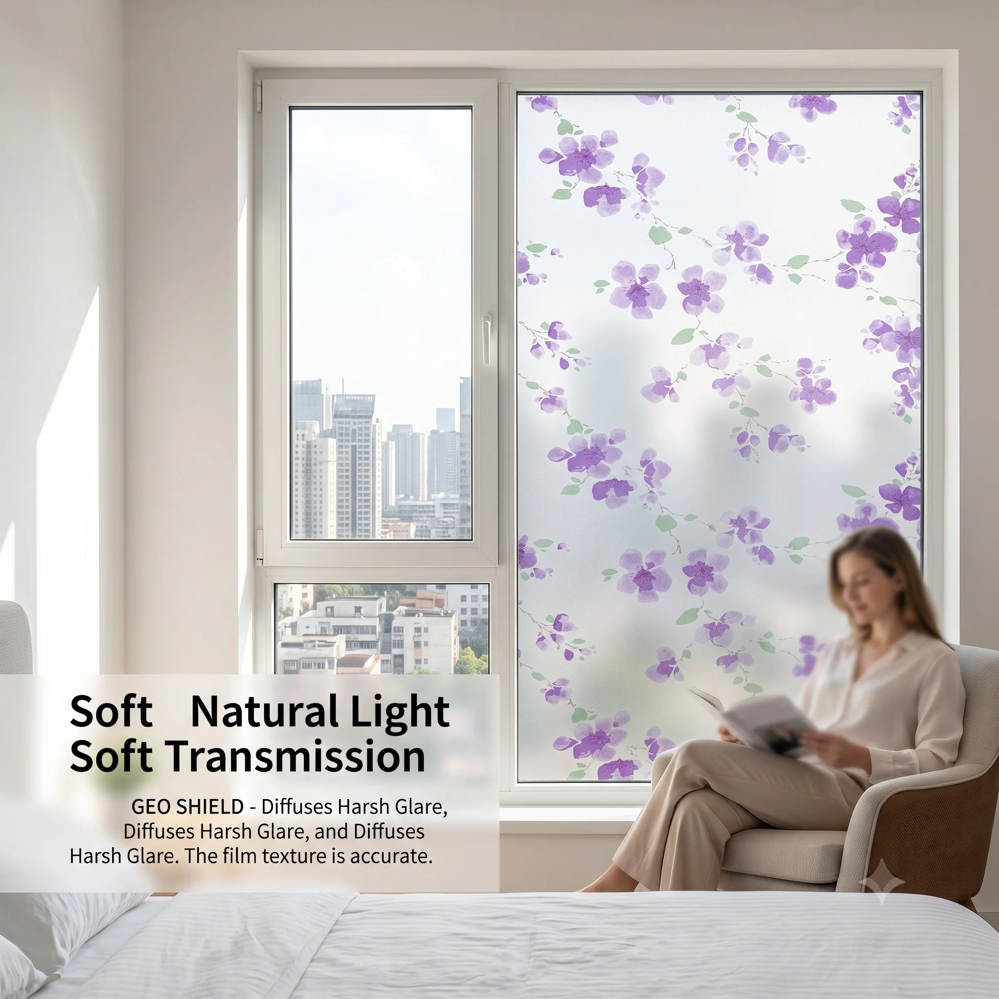 Self-Adhesive Purple Floral Window Film Privacy Decorative Glass Sticker