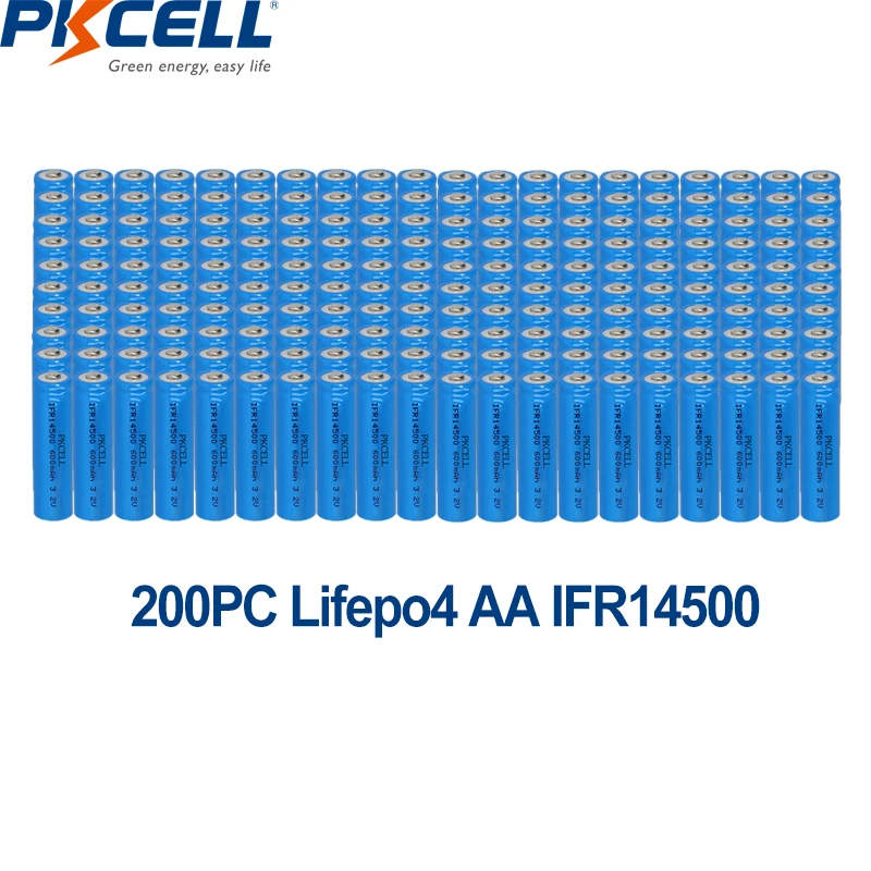 200PC PKCELL IFR14500 AA Lifepo4 Lithium ion Rechargeable Battery 600MAH 3.2V for Solar Panel Light, Tooth Brush