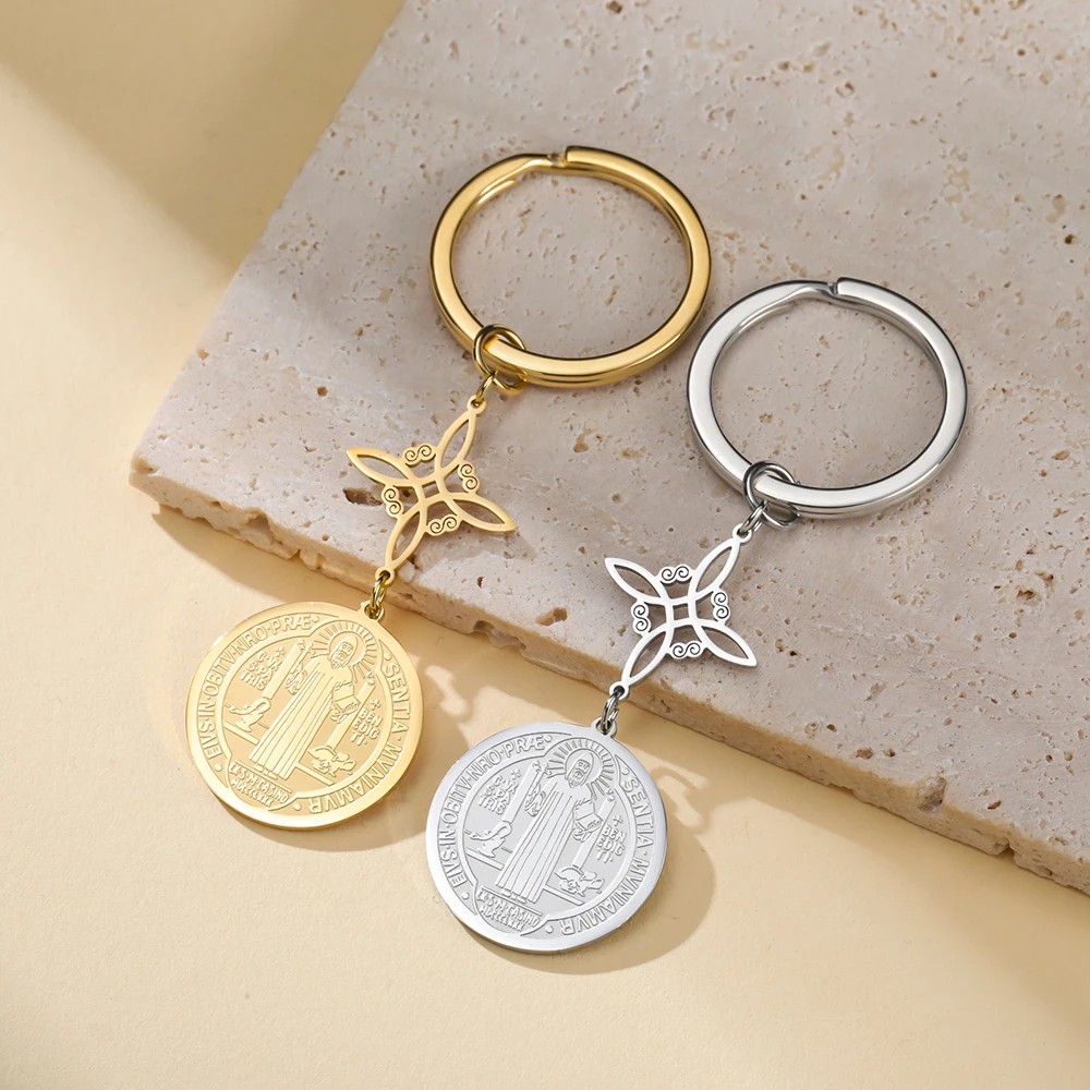 Dawapara Saint Benedict Exorcism Cross Keychain  Double Side Religious Medal Pendant Protection Amulet Stainless Steel Jewelry