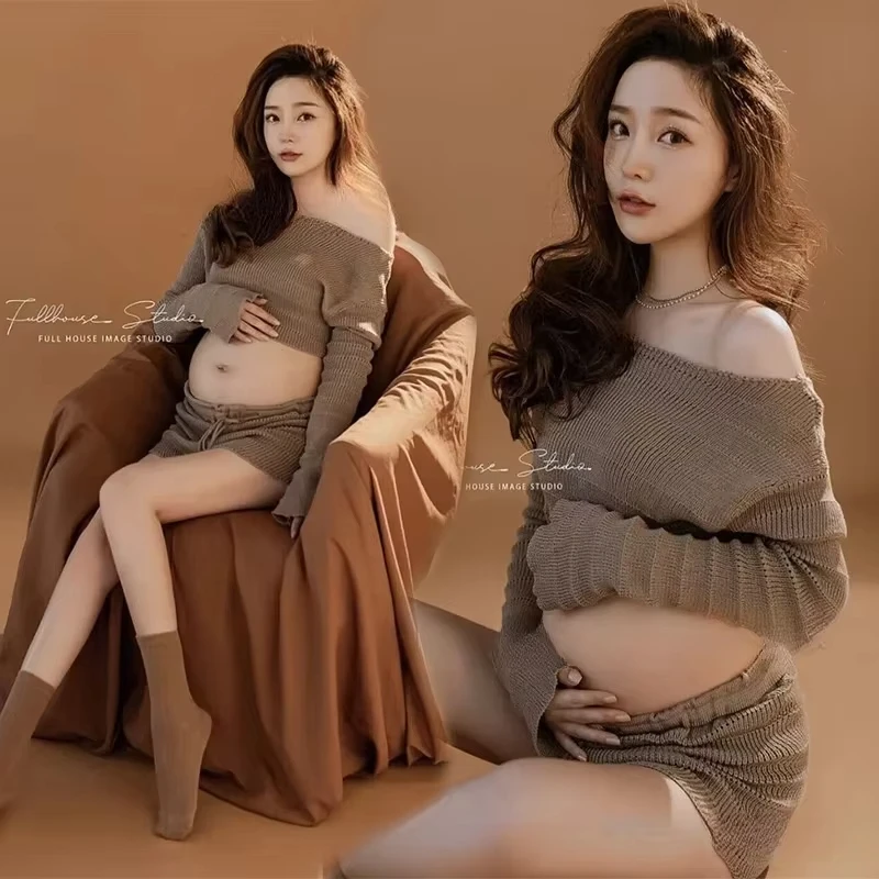 Women Photography Props Khaki Knitted Maternity Dresses Pregnancy Full Sleeve Top with Skirt Set Studio Photo Shoot Clothes
