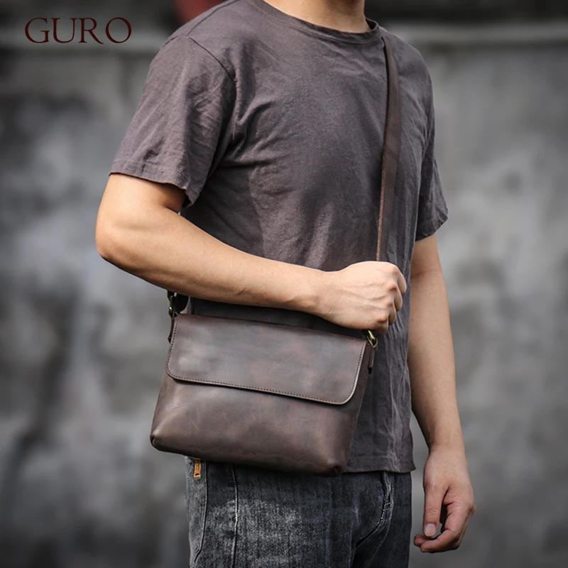 GURO-Bolsa de Ombro de couro genuíno vintage para homens, bolsa tiracolo, aba diária, couro de vaca maluco, sacos mensageiro para iPad 8 ", qualidade superior