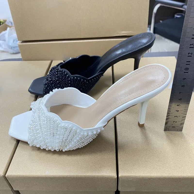 Elegant Summer High Heels Women Mules Sandals Open Toe Pearl Beaded Female Stilettos Slip on Evening Party Wedding Dress Shoes image 4