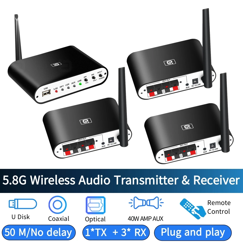 

5.8G Wireless Audio Receiver Transmitter 1+3 Surround Ｗiring 50M Optical Coaxial L&R Udisk DAC Decoder Stereo 40W Power Amp