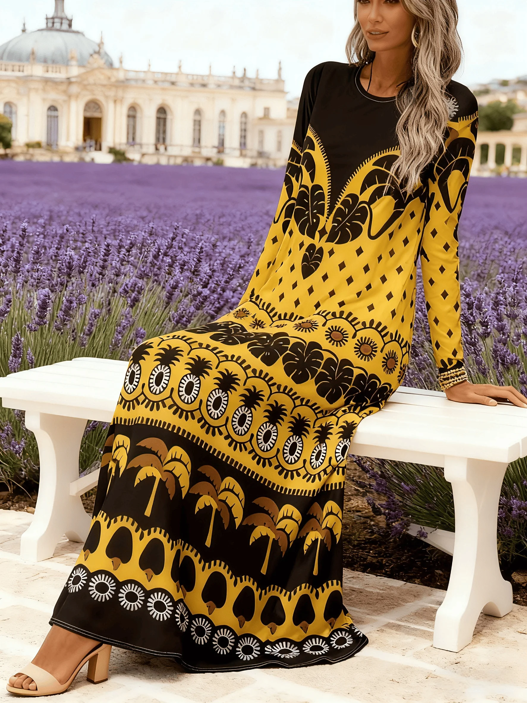 Langärmliges Kleid für Damen Lässiges Sommer-Urlaubskleid Fließendes Midikleid mit Gürtel Einfarbig Elegante Bürokleidung Frühling