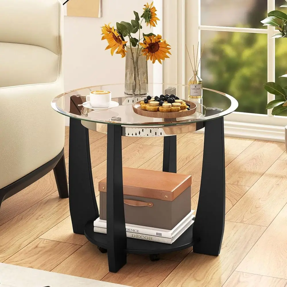 

Modern 32 Black Glass Coffee Table with Wheels, 2-Tier Shelf, Rubber Wood Legs, Tempered Glass