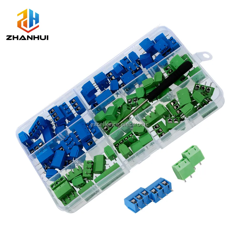 100pcs/Box Copper KF301 Screw Terminal Block 2P/3P 5.0mm 2 Pin 3 Pin Spliceable Pcb Terminal Block Connector