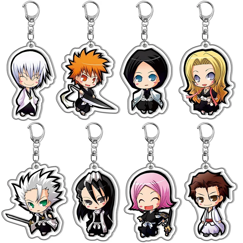 Anime Bleach Keychain Cartoon Figure Kurosaki Ichigo Kuchiki Rukia Inoue Orihime Pendant Key Ring Bag Accessories Jewelry Gift