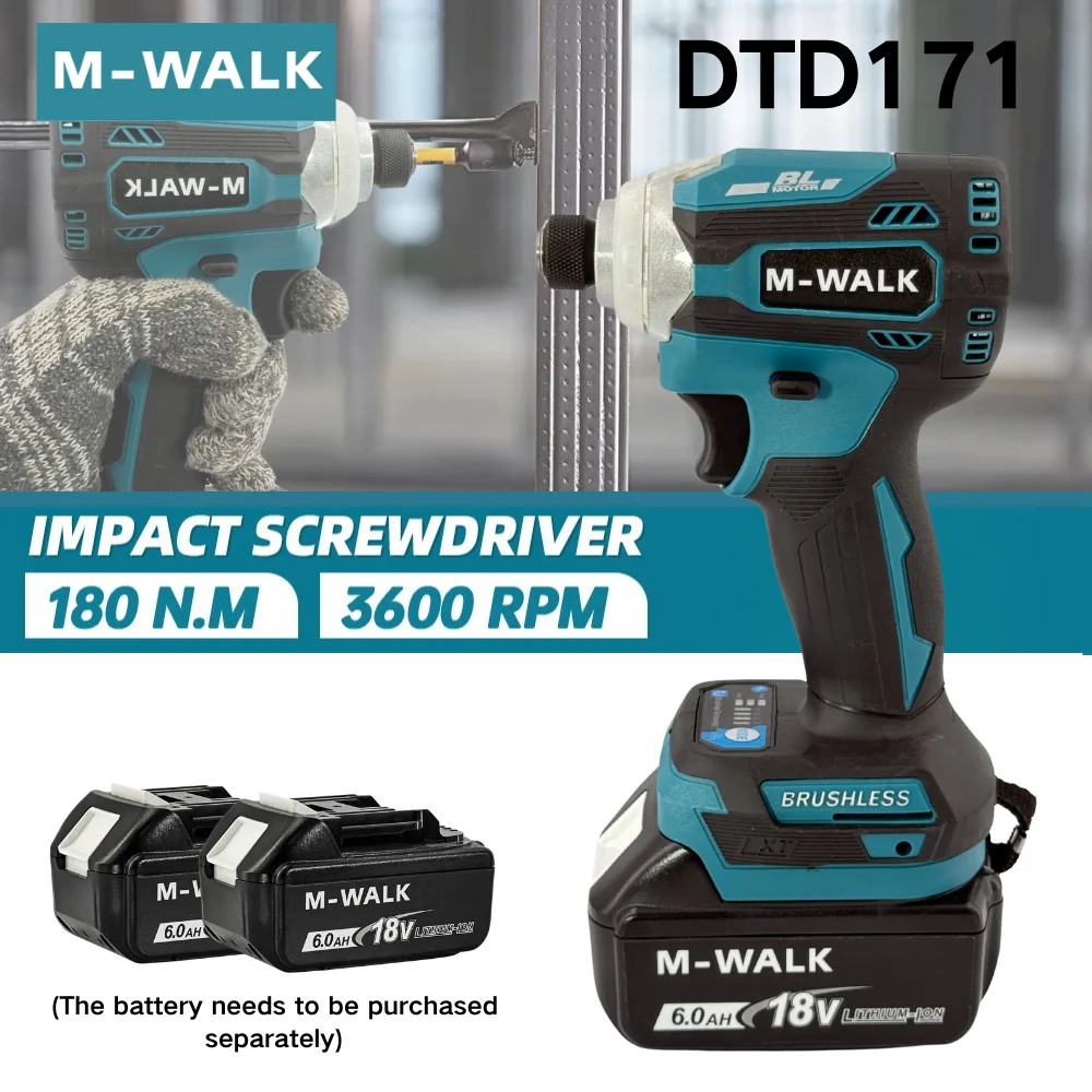 

M-WALK DTD171 Brushless Motor Impact Driver Rechargable Drill Cordless Electric Screwdriver Power Tool For Makita 18V Battery
