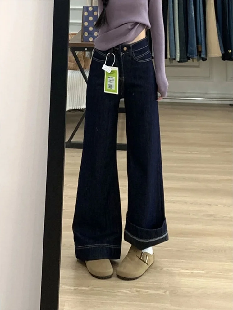 Damskie dżinsy z podszewką, lekko rozszerzane, nowość na jesień i zimę 2025, plus size, wygodne, długie spodnie, styl casual.