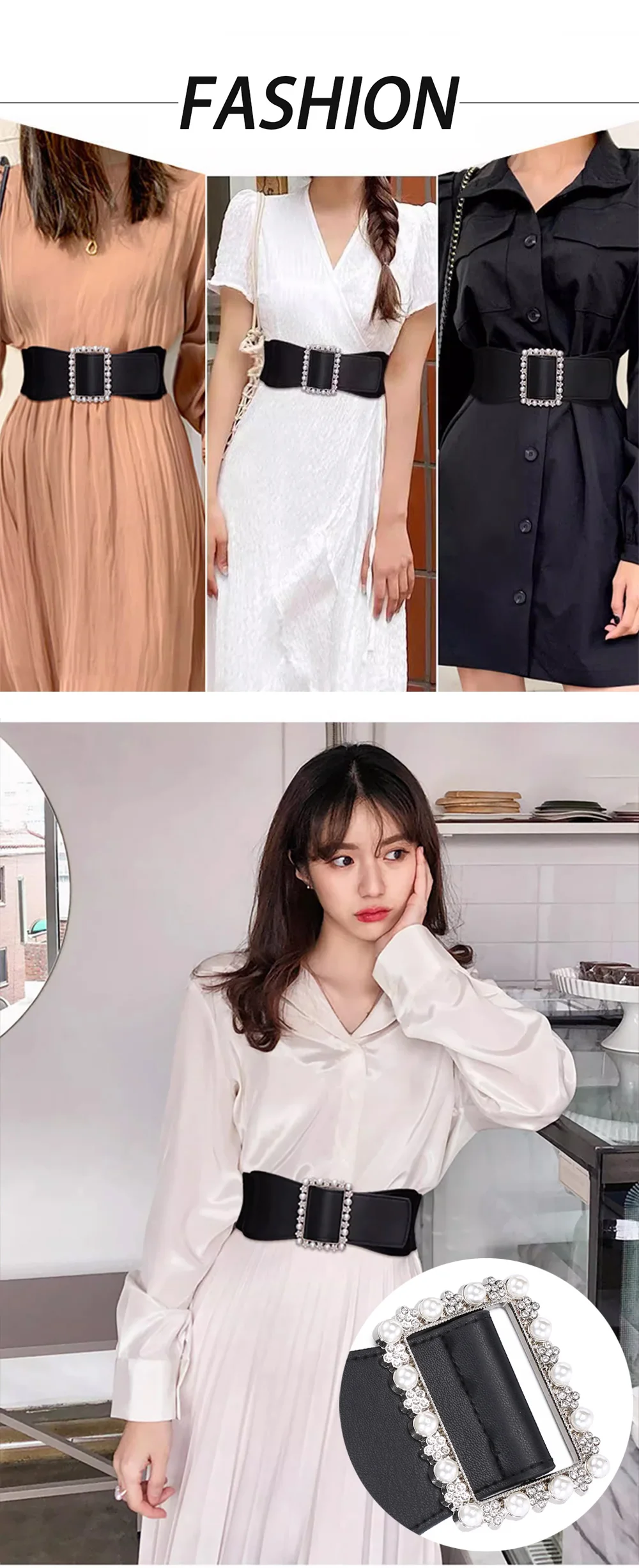 1pc frauen Gürtel Modische Perle Schnalle Gestaltung Gürtel Vielseitig Elastische Elastische Gürtel Pu Leder Breite Taille Dichtung Mit kleid Mantel – Detail 2