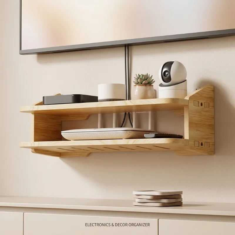 Wood Floating Shelf Wall Mounted Router TV Box Stand Storage Rack Decorative Hanging Bookshelf For Living Room Bedroom Organizer