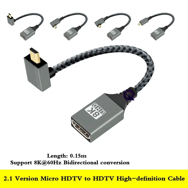 15cm 8K@60hz Mini/Micro HDMI to HDMI Compatible Up/Down/Left/Right Bend Adapter Cable for Digital Camera Monitor HD Cable