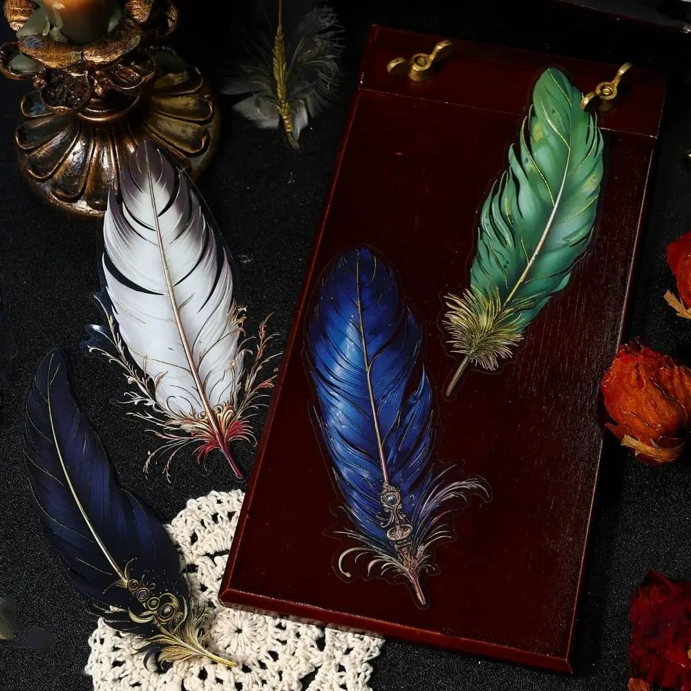 PET Feather Stamping Sticker Retro Waterproof Handbook Sticker Gilded Feather Glass Sticker DIY Decoration Sticker Craft Lovers