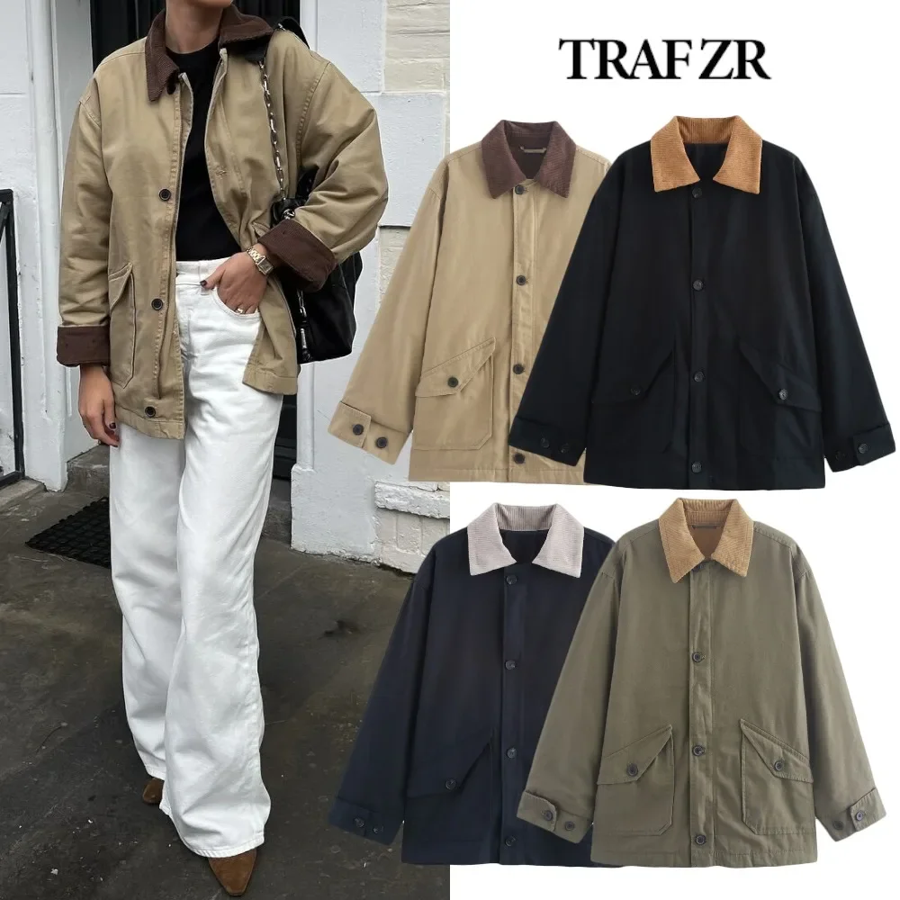 TRAF ZR Casual señora moda prendas de vestir acogedor High Street contraste solapa chaqueta con cuello Vintage relajación nuevo en ropa de calle Mujer