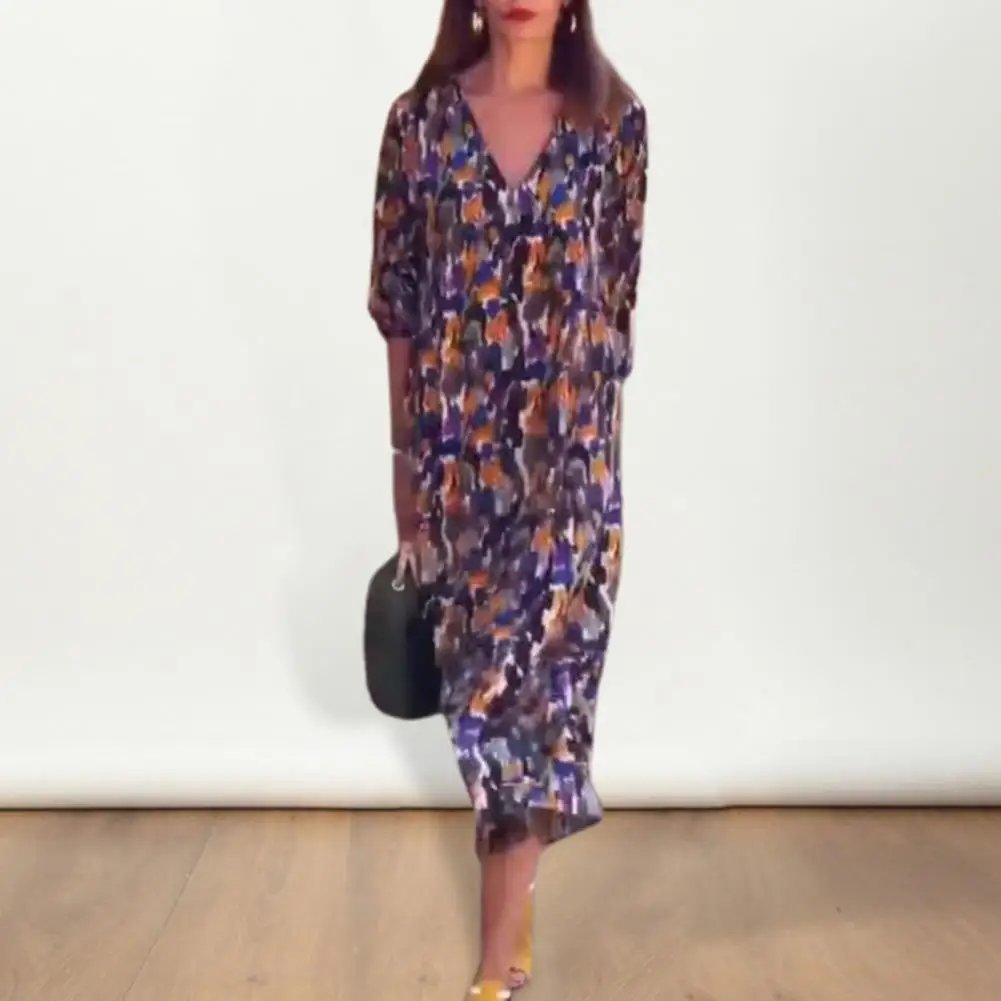 

Women Fall Spring Dress V Neck Three Quarter Puff Sleeves Printed Dress Loose Retro OL Commuting Dating Midi Dress