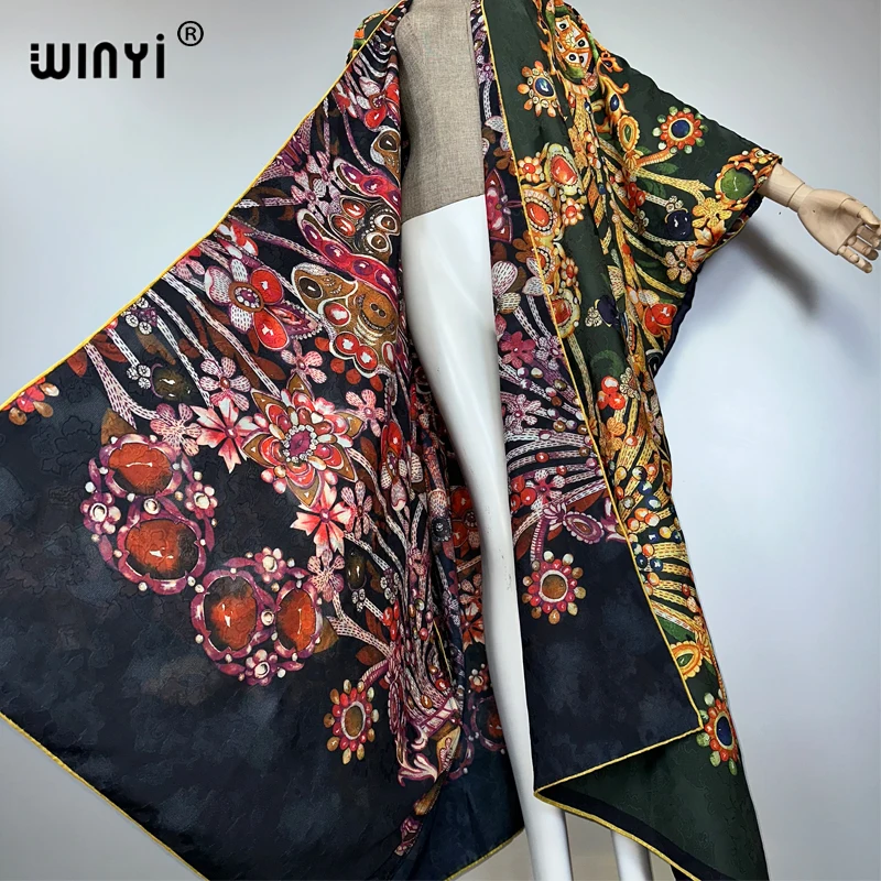 WINYI 핸드롤드 기모노 보헤미안 레트로 프린트 가디건 비치웨어 커버업 카프탄 파티 드레스 아바야 두바이 럭셔리 무슬림 여성 의류