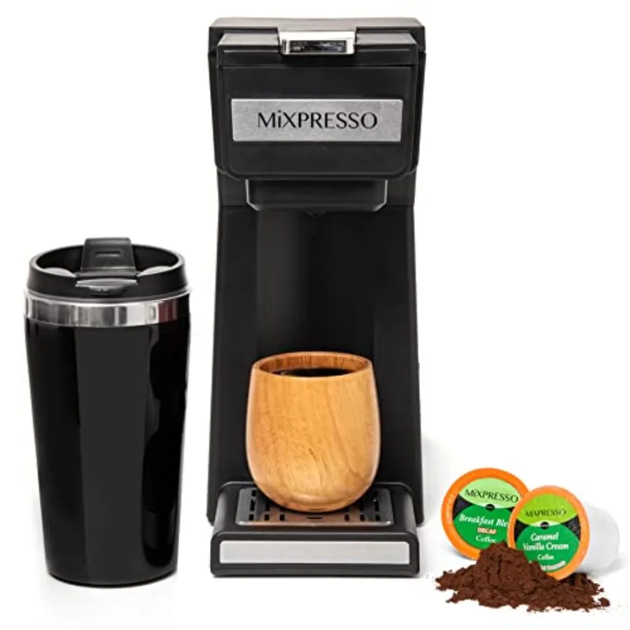 

Кофеварка для одной порции, для молотого кофе и совместимая с капсулами K-Cup, с дорожной кружкой на 14 унций и многоразовым фильтром для домашнего использования.