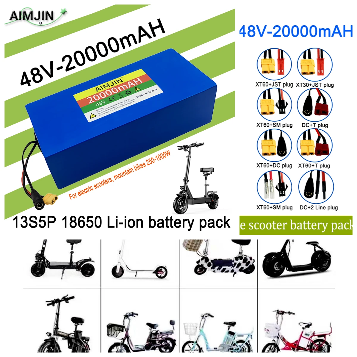 

13S5P 18650 48V 20AH Lithium Battery Pack 100Ah Suitable for electric scooters, mountain bikes 250-1000W+charger