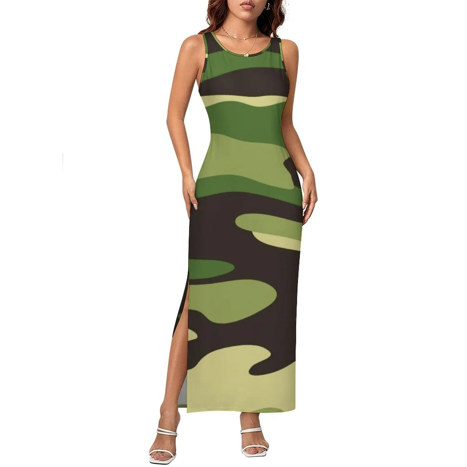 Armee Camo Print Kleid Ärmelloses Wald Multicam Street Style Maxi Kleider Elegante, Figurbetontes Kleid Frauen Muster Übergroßen Vestido