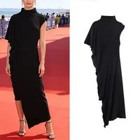 Top negro de manga corta con cuello alto, plisado asimétrico y decorativo, elegante y a la moda, novedad de primavera 2026 para mujer