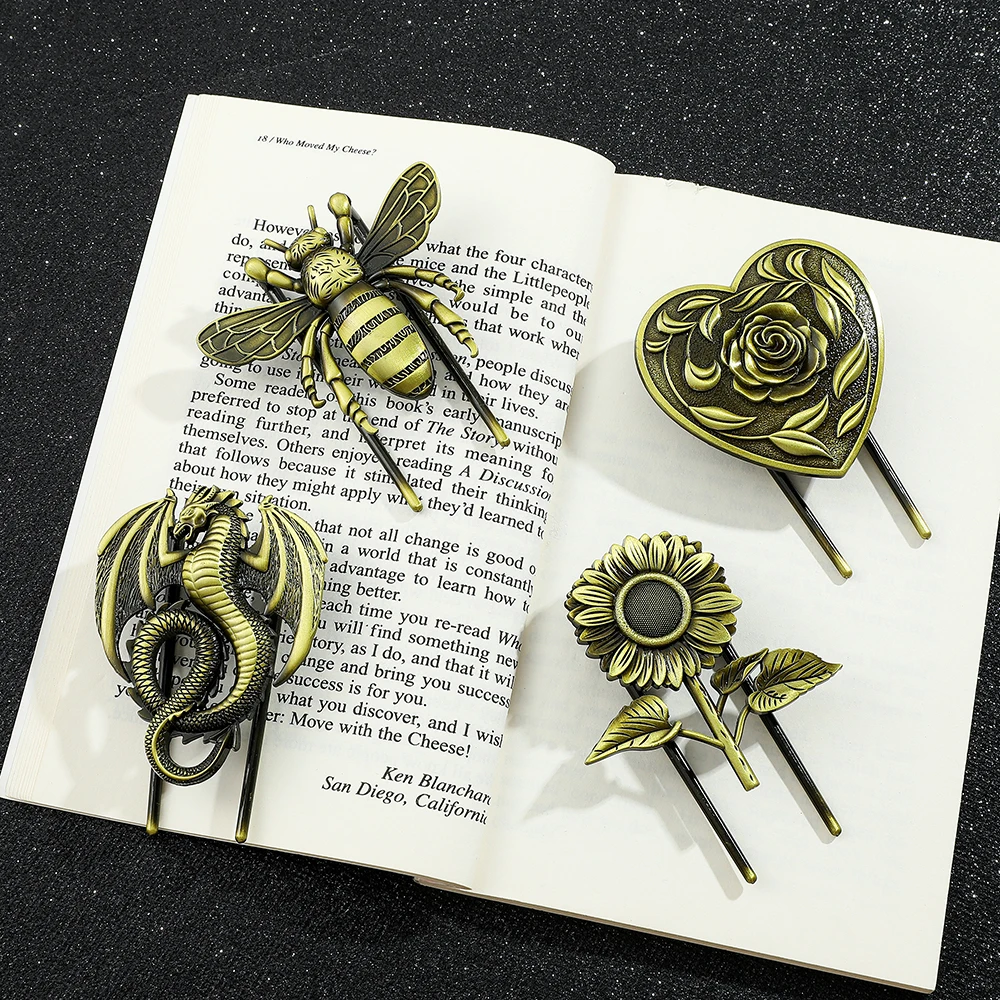 Vintage Sunflower Bee Rose Punk Dragon Bookmark Reading Supplies for Women Men Antique Bronze Book Page Clips Gifts