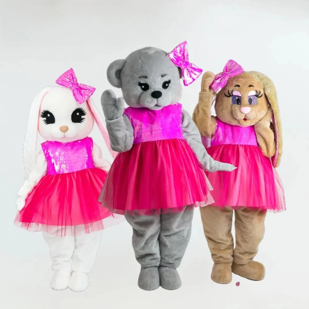 

Brown Easter Bunny Mascot Costume Pink Dress Teddy Bear Advertising Walking Doll Clothes for Halloween Christmas Fancy Party