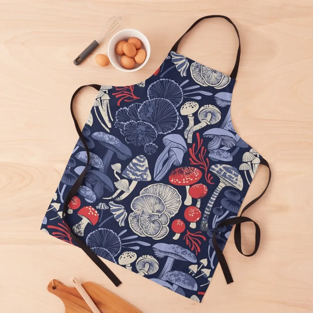 

Mystical fungi // midnight blue background blue and red wild mushrooms Apron beauty master cleanings Apron